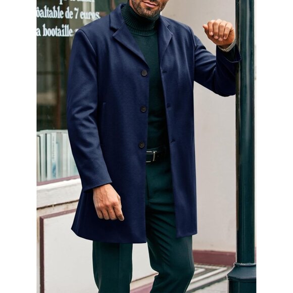 Men Navy Blue Trench Coat Double Breasted Mid Long Jacket Casual Belted Overcoat - Picture 2 of 5